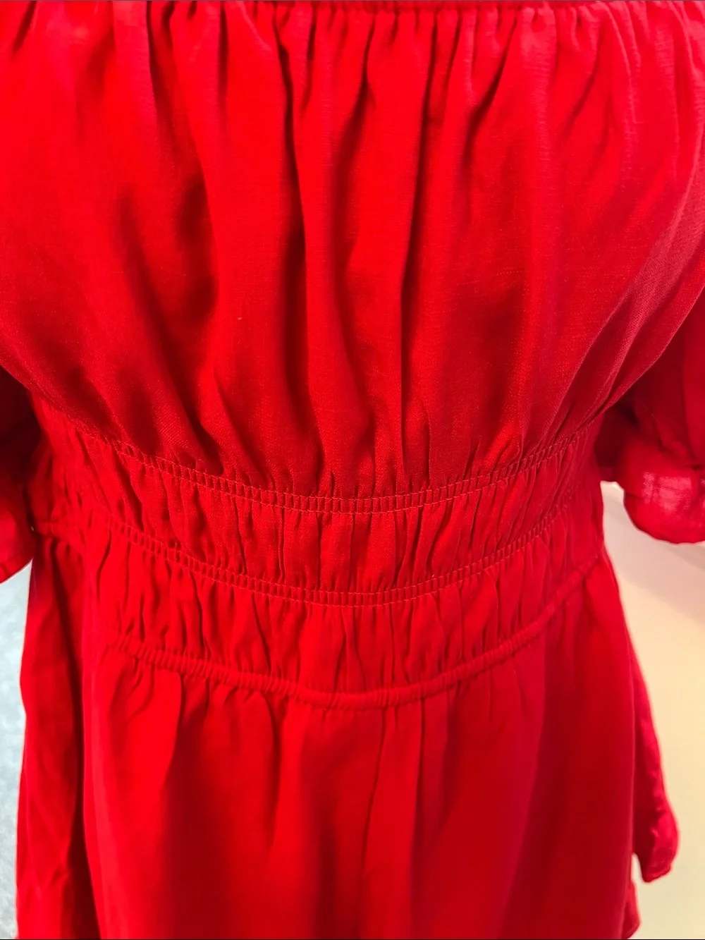 Blue Rain Red Smocked Romper with Puff Sleeves - Picture 2 of 5